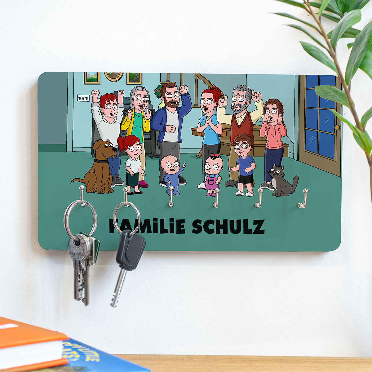 Personalisierbare Schlüsselbrett-Illustration Zeichentrick Familie, Geschenk für Männer, Geschenk für Freund, Geschenk für Bruder, Geschenk für Papa,