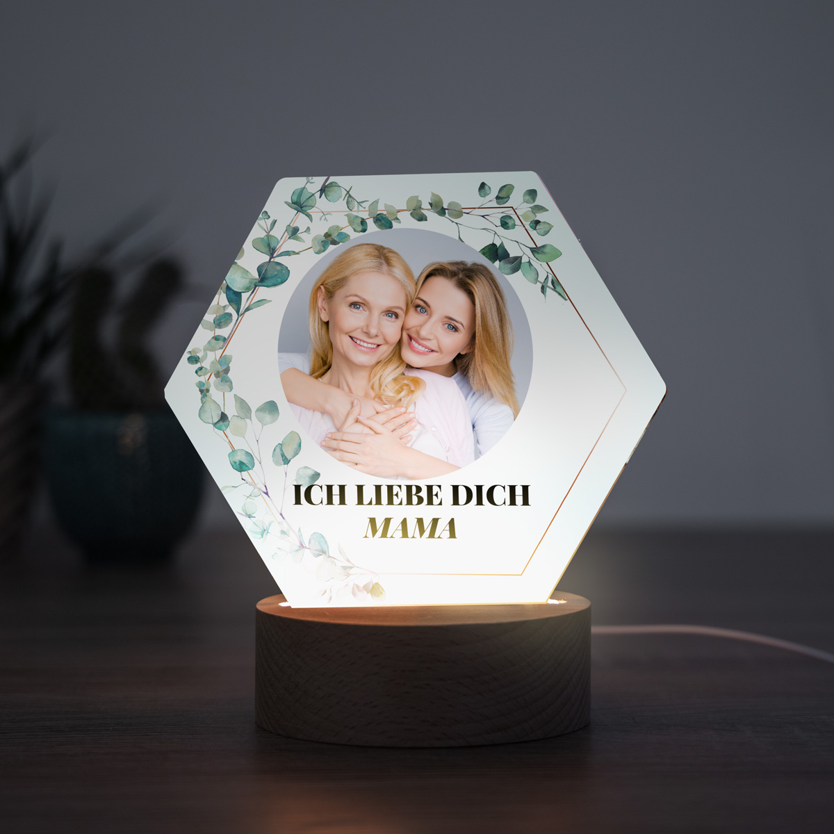 Geschenke für Mama LED Leuchte mit Blättern mit Bild und Text