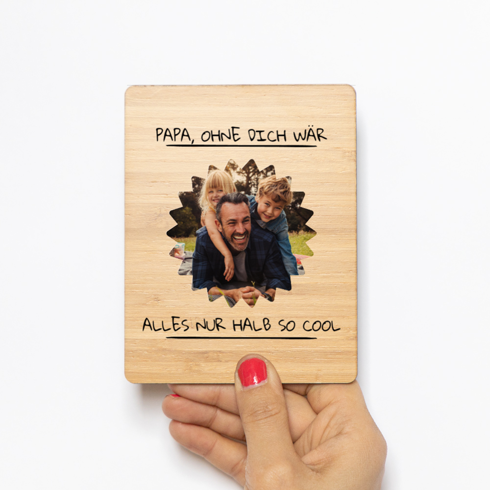 Vatertagsgeschenke personalisierbare Holzkarte mit Foto und Text