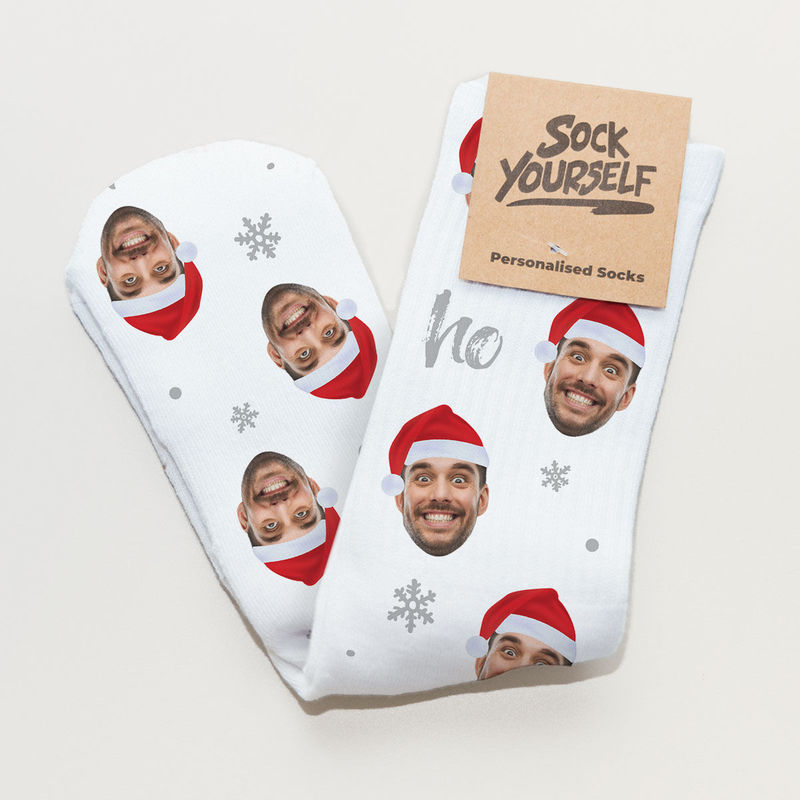 Personalisierbare Socken mit Gesicht und Weihnachtsmütze